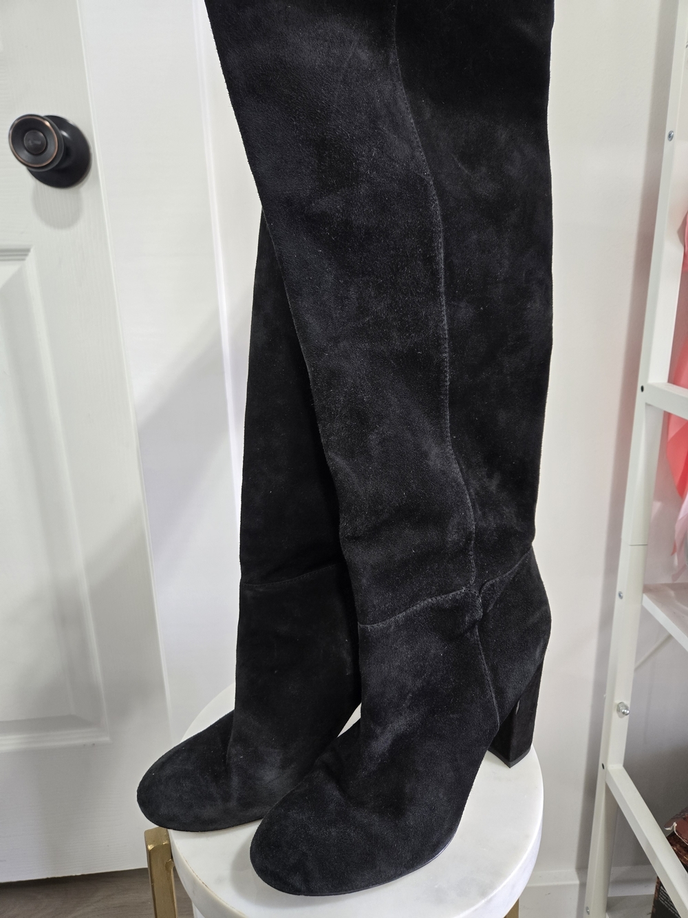 Sam Edelman Black Suede Knee-High Block Heel Boots